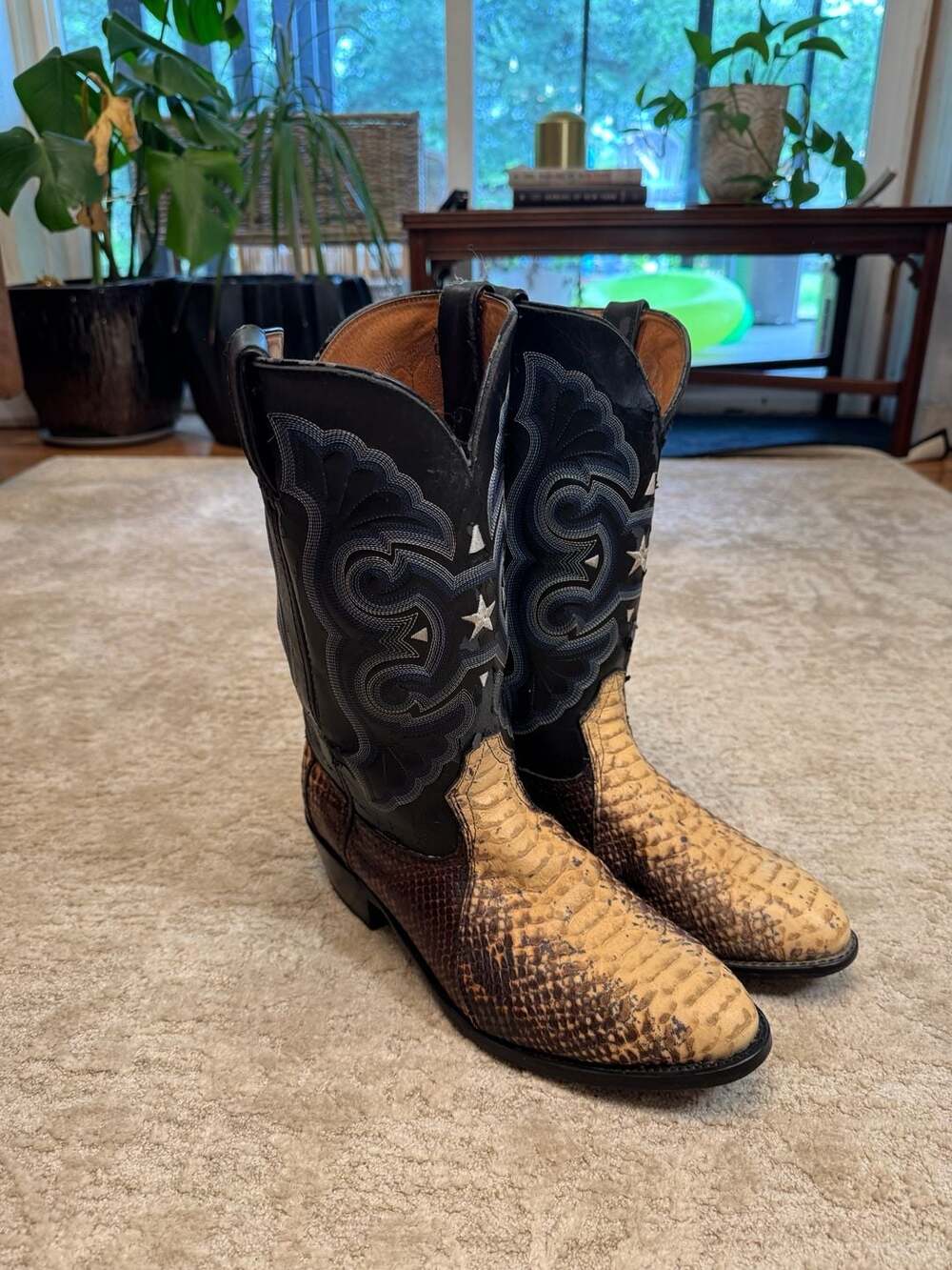 Western Style Cowboy Boots with Python-Print Leather and Star Inlay